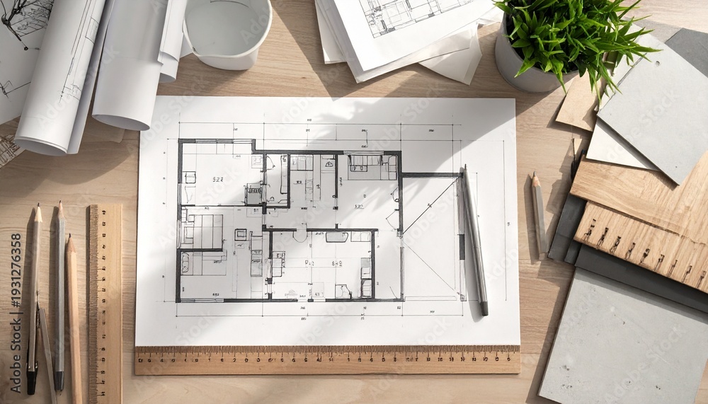 Fototapeta premium Detailed architectural blueprint on a wooden desk surrounded by design tools and materials.