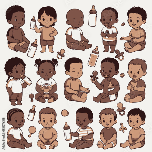 Adorable African Baby Clipart Set vector illustration