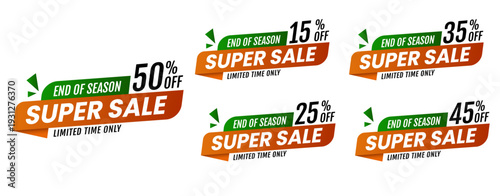 end of season 50%, 15%, 25%, 35%, 45% banner set , hot sale, big sale, super sale, sale banner vector. green, orange and blac vector banner template. .	