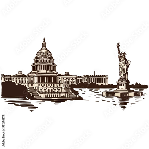 United States Capitol Building and Statue of Liberty illustration.