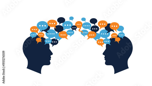 Mental exchange and communication of ideas visualized through colorful speech bubbles connecting two profiles in a conceptual scene.