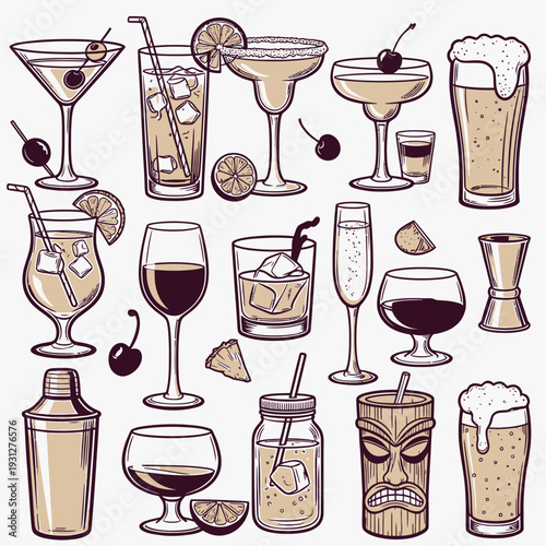 Cocktail Glasses and Drinks vector illustration