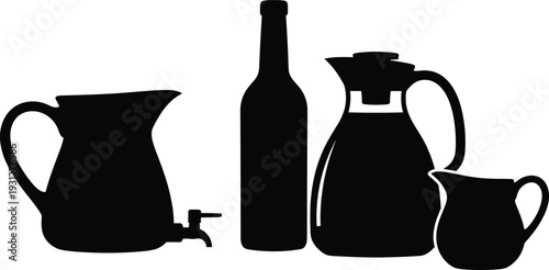 Silhouette of Beverage Items: A collection of stylish beverage vessels in elegant silhouette form. Featuring a classic wine bottle, decorative pitchers, and a vintage jug, creating a bold.