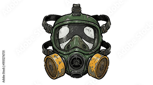 Green gas mask with yellow filters, isolated on white background