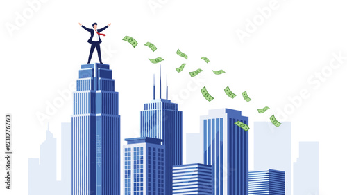 Successful entrepreneur celebrates financial prosperity on top of a skyscraper as money bills fly through the city skyline.
