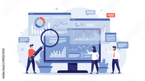 Experts utilize advanced analytics tools to examine complex datasets and performance visualizations on a large digital dashboard.