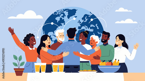 Diverse People Embracing Around the Globe vector illustration
