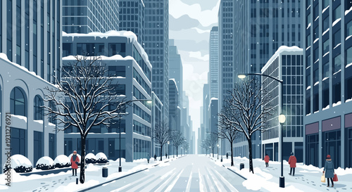 An illustrative depiction of a city street with tall buildings snowy sidewalks and bare trees in a cool color palette