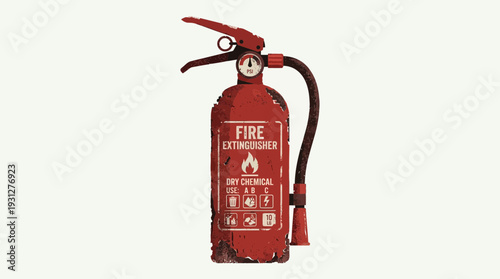 Red fire extinguisher with dry chemical warning symbols