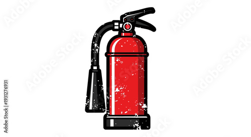 Red fire extinguisher with black hose and nozzle on white background, grunge texture