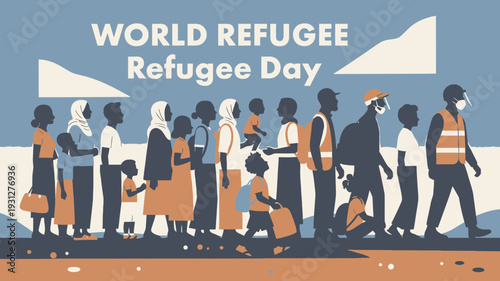 World Refugee Day Migrants Walking vector illustration