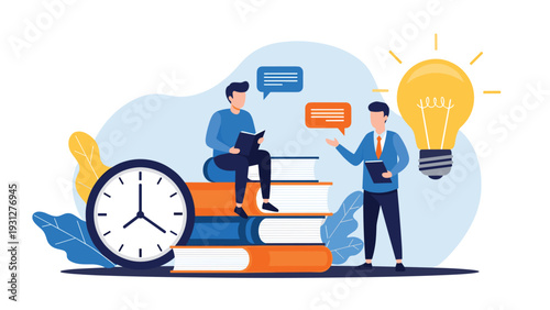 Professionals discuss innovative ideas and time management strategies while standing near educational resources and a clock.