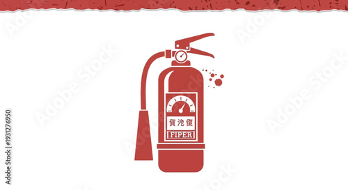 Red fire extinguisher with gauge and hose, spraying water, against white background
