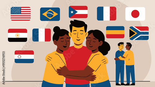 Diverse Friends Embracing vector illustration