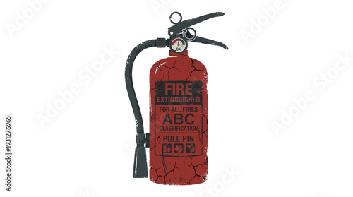 Red fire extinguisher with hose and gauge, isolated on white background