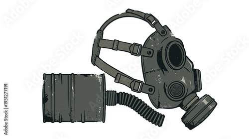 Vintage gas mask and filter on white background