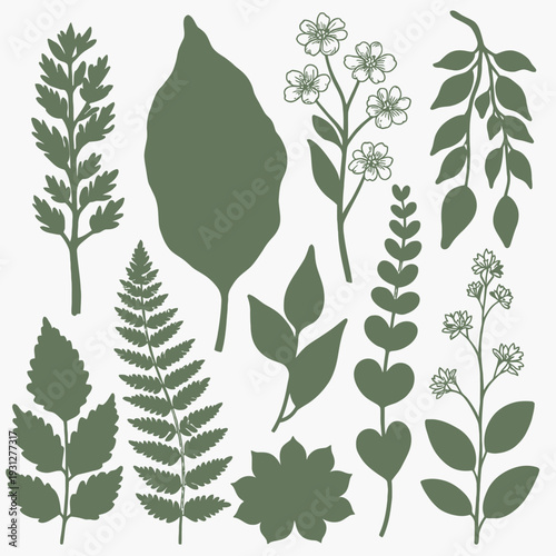 Olive Green Leaf Silhouettes vector illustration