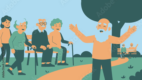 Elderly Group Enjoying Park Stroll vector illustration