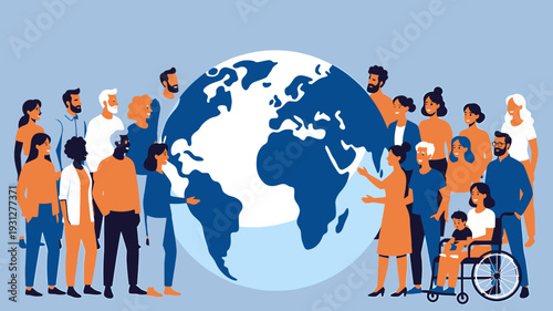 Diverse Group Around Globe vector illustration