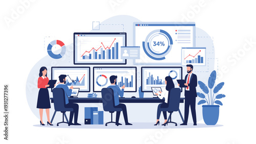 Financial analysts monitor multiple real-time market dashboards and performance charts in a high-tech operations center.