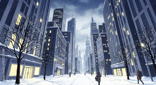 An illustrative depiction of a city street with tall buildings snowy sidewalks and bare trees in a cool color palette