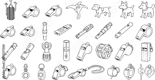 Collection of various black and white line art illustrations featuring diverse whistles and several dog breeds, perfect for sports, pet training, and signaling designs.