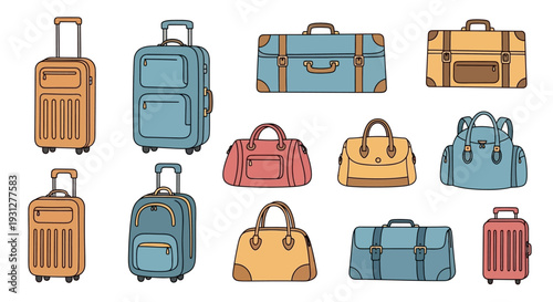 Doodle set of luggages. Suitcases and bags with different sizes for travelling. Backpacks and handbags for journeys in summer vacations. Flat isolated vector illustrations on white background