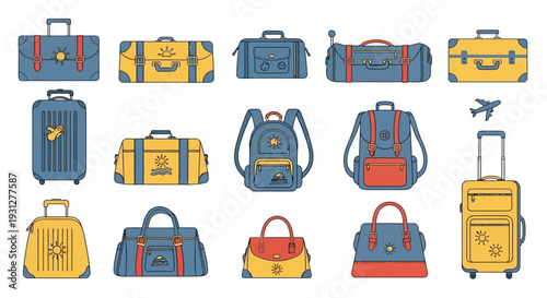 Doodle set of luggages. Suitcases and bags with different sizes for travelling. Backpacks and handbags for journeys in summer vacations. Flat isolated vector illustrations on white background