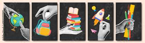 Schilderij op canvas Trendy back to school and education concept halftone hand collage with book, pencil, earth globe, bag, rocket and light bulb icon