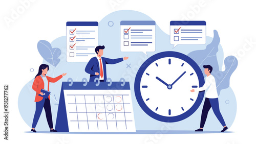 Efficient team manages project schedules and task deadlines by coordinating with a giant calendar and wall clock.