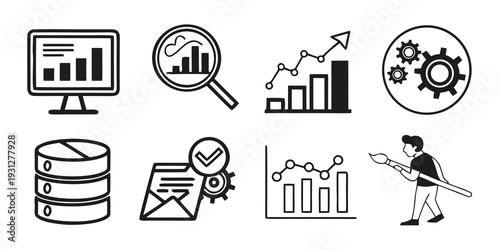 Icons representing various aspects of data analysis and business intelligence