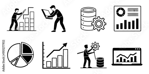 Illustrations of business management and data analysis concepts
