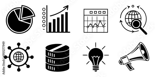 Diverse icons representing data analysis, technology, and innovation concepts