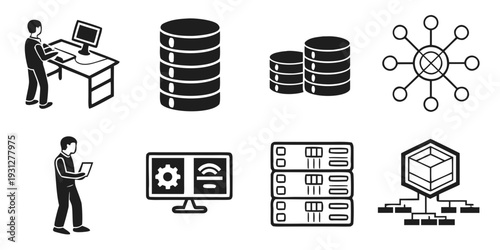 Illustrations of various computer and network components and people using them