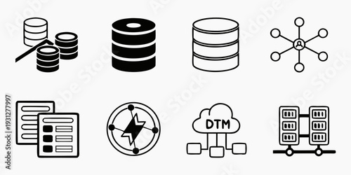 Icons representing various aspects of database management and data analysis