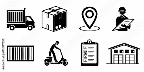 Icons representing various aspects of logistics and delivery services