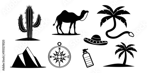 Desert adventure with iconic symbols and a compass for navigation