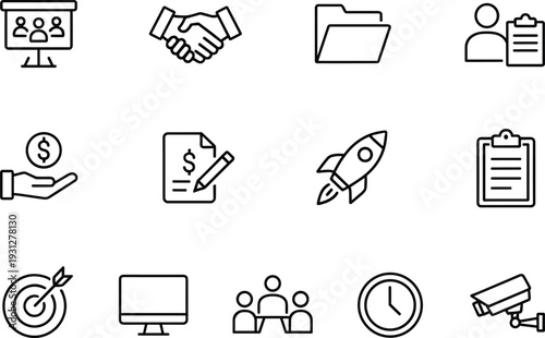 Business management and startup line icons set featuring partnership, finance document, target goal, project launch, teamwork meeting, and security