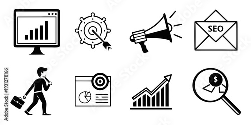 Icons representing various aspects of business and marketing strategies