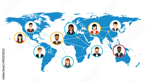 Global networking visualization shows a diverse group of professional people connected across a world map background.