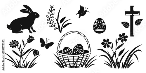 Easter celebration with bunny, eggs, and flowers in a basket