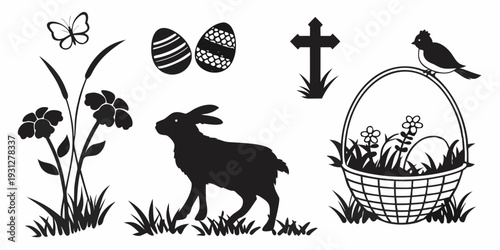 Easter bunny with eggs, cross, and basket of goodies