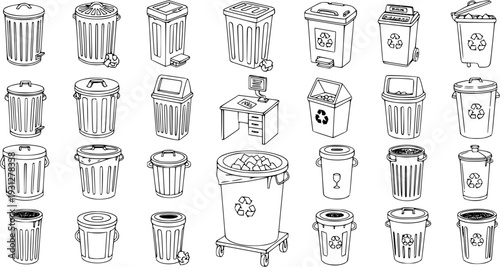 Line Art Trash Can and Recycling Bin Collection: Vector Doodle Set