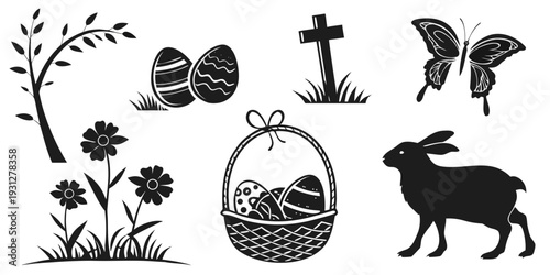 Illustration of various easter symbols and elements in black and white