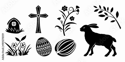 Easter symbols and elements in a black and white illustration