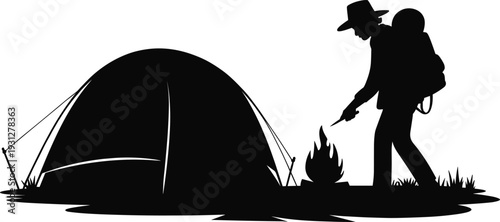 Camping silhouette, person with backpack, tent and campfire, outdoor adventure, wilderness lifestyle, nature exploration, hiking scene, rustic travel illustration art