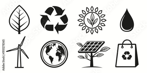 Icons representing environmental sustainability and eco-friendly practices