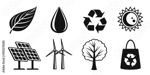 Icons representing environmental sustainability and renewable energy sources