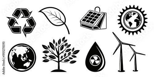 Symbols representing various aspects of environmental sustainability and renewable energy