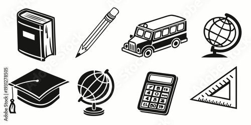 Various educational icons representing school, learning, and study tools